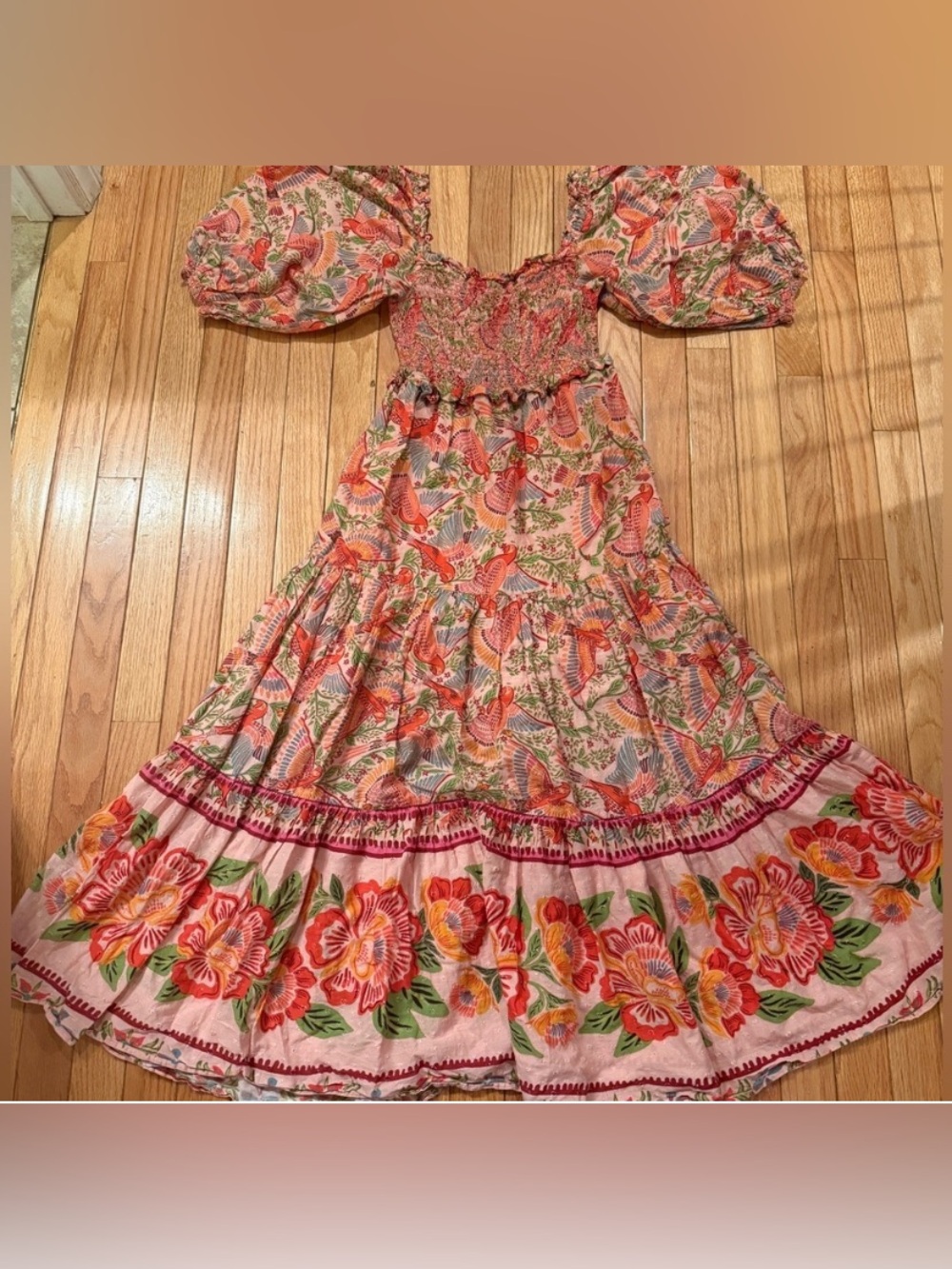 Farm Rio pink floral Macaw flight eyelet smocked dress. XS